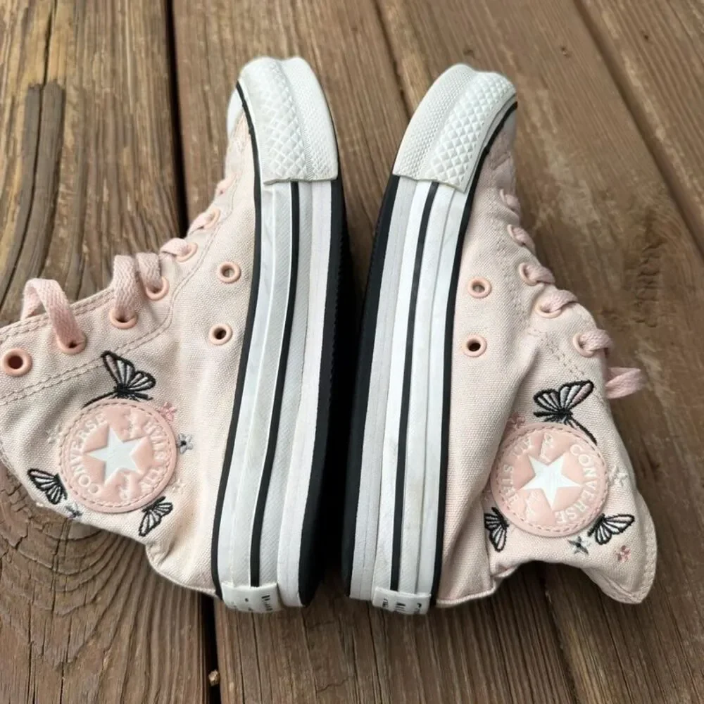 Converse All Star Youth Size 3 Pink Butterfly Embroidered High Top Sneakers